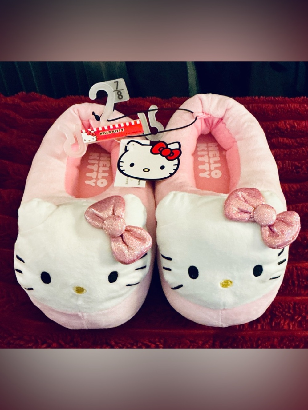 Hello Kitty Pink and White Plush Slippers with Glitter Bows